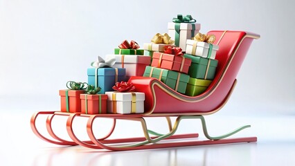 Minimalist 3D Render: Sleigh Filled with Gifts on White Background - Perfect for Holiday Designs