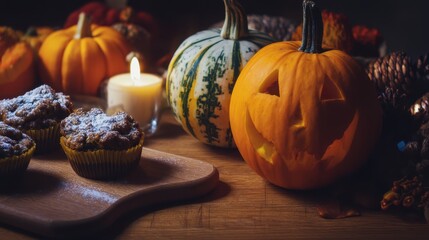 Halloween baking delight pumpkin treats and decor cozy kitchen food photography autumn vibes close-up view