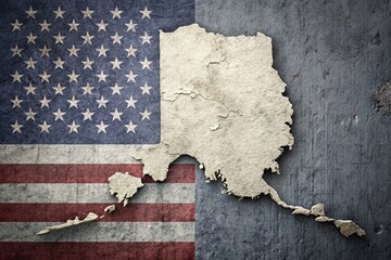 Minimalist Alaska State Outline on USA Flag Background Stock Photo