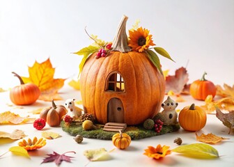 Minimalist Autumn Halloween: Handmade Pumpkin House with Leaves & Flowers
