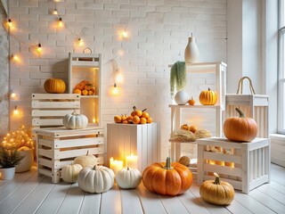 Minimalist Autumn Pumpkin Photography: White Crate Photo Zone & Unique Gourds