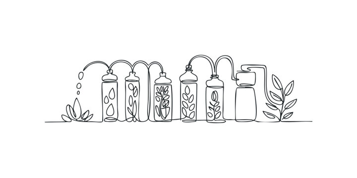 Continuous line drawing of laboratory equipment with plants and water
