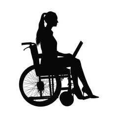 Black silhouette of young woman in wheelchair working on laptop side view vector on white background.