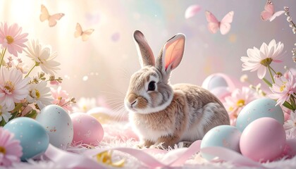 An adorable fluffy bunny surrounded by pastel-colored Easter eggs, delicate flowers, and floating butterflies in a soft, dreamy scene