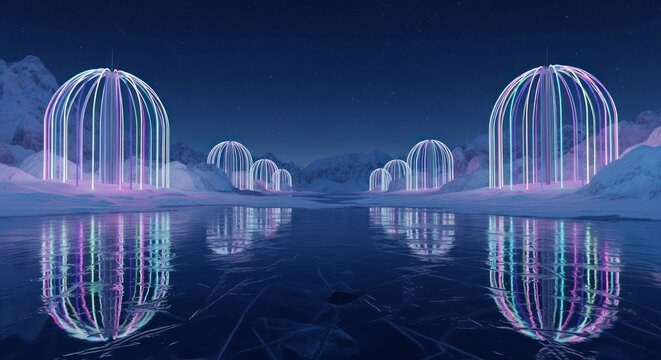 Luminous structures illuminate a frozen landscape under a starry night sky scene