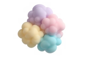 Soft pastel colored abstract cloud shapes merging, creating a delicate, organic, 3d render with a transparent background