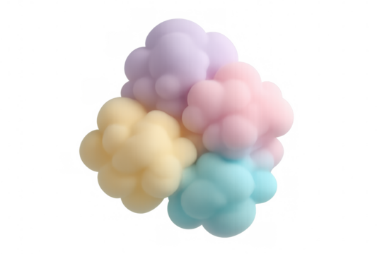 Soft pastel colored abstract cloud shapes merging, creating a delicate, organic, 3d render with a transparent background