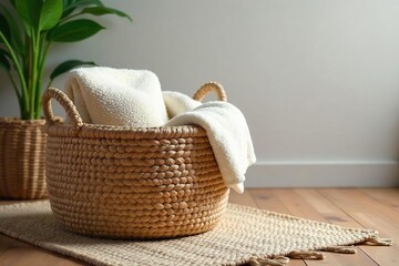 Handwoven Rug Basket Overflowing with Soft Blankets Rustic Home Decor & Cozy Storage Solution for Living Room, Bedroom, or Nursery