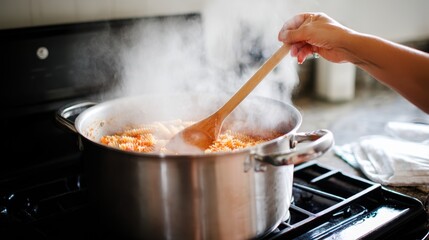 Cooking action in kitchen food preparation steaming pot domestic environment close-up view for culinary arts