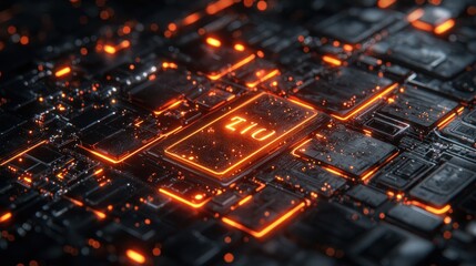 Close-up of glowing electronic circuitry with integrated circuits. High-tech, futuristic, and detailed