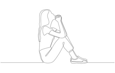 Continuous one line drawing of young woman sitting on the ground with knees up and hands clasped, symbolizing deep thought, hope, prayer, or contemplation, single line art.