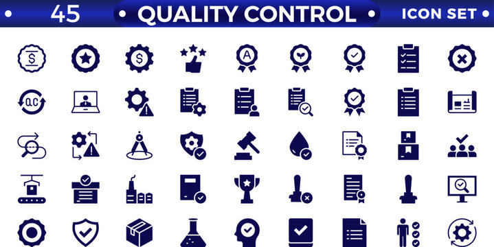 Quality control Outline icon set. Containing inspection, evaluation, product, quality assurance, process, testing, Pictograms and infographics for mobile apps.
