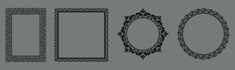 Set of decorative frames Elegant vector element for design in Eastern style, place for text. Floral black and gray borders. Lace illustration for invitations and greeting cards