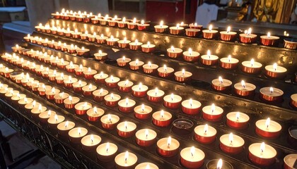 An elevated arrangement of lit candles fills the frame, offering a warm glow. The perspective angles towards a corner within the church