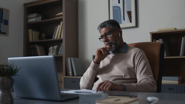 Medium shot of mature Indian man as male therapist talking and gesturing actively during online video call session via laptop while sitting at desk in modern office, copy space
