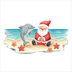 Santa Playing with Dolphin and Starfish Watercolor Vector Illustration on White Background
