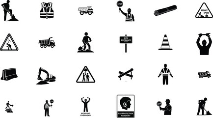 Obraz premium Construction icon set. Containing crane, building, excavator, maintenance, contractor, worker, architecture and more. Solid icons vector bundle