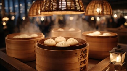 Steaming dumplings cooking event food market photography indoor setting close-up view culinary delight