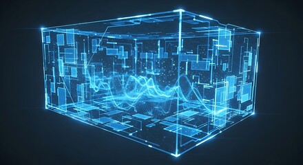 Digital data visualization of a futuristic cube with glowing lines.