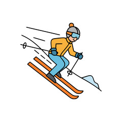 Fototapeta premium Vector illustration of skier in yellow jacket and helmet skiing downhill on snowy mountain with dynamic motion lines