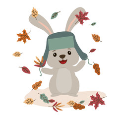 Bunny Joyfully Playing with Autumn Leaves Vector Illustration