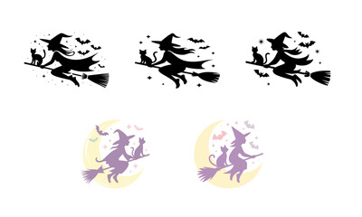 Obraz premium Set of Halloween witch vector icons with cat, moon, and broomstick