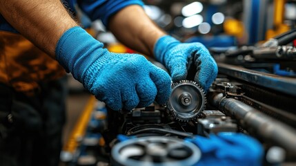 Person in blue gloves meticulously assembling a gear in an industrial setting