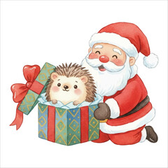 Santa with Hedgehog in Gift Box Watercolor Vector Illustration on White Background