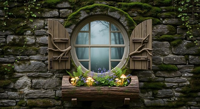 Enchanted Round Window in a Moss-Covered Stone Wall with Glowing Mushrooms.