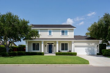Beautiful modern two story suburban house with green lawn and blue sky