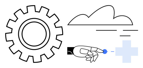 Gear mechanism, robotic hand interacting with a medical symbol, and cloud represent AI-driven healthcare, innovation, automation, analytics, technology, cloud services, and seamless digital