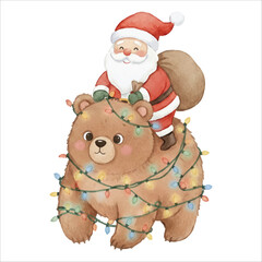 Santa Riding Bear with Christmas Lights Watercolor Vector Illustration on White Background

