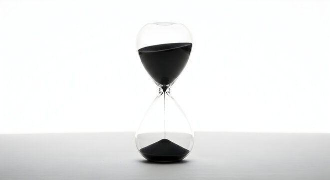 Hourglass with Black Sand Indicating Time Passing on White Background