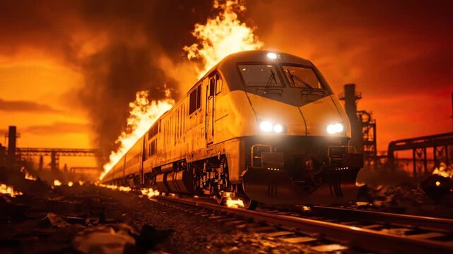 Dynamic Fiery Train Blazing Through an Apocalyptic Industrial Hellscape