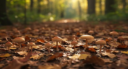 Obraz premium Mushrooms growing on a forest floor covered in autumn leaves with golden sunlight.