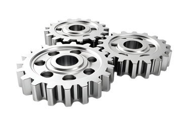Three metallic industrial gears interlocking together for mechanical engineering and machinery on transparent background isolated on transparent background