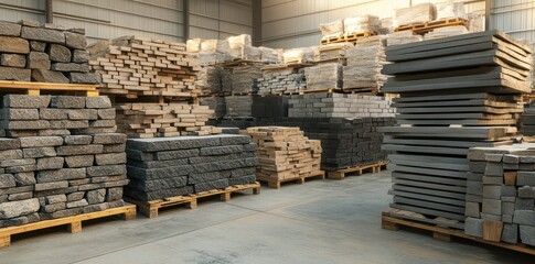 Warehouse materials including stone and concrete slabs stacked on wooden pallets in an industrial.