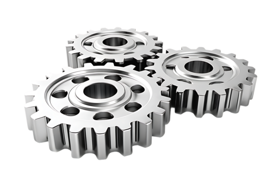Three metallic industrial gears interlocking together for mechanical engineering and machinery on transparent background isolated on transparent background
