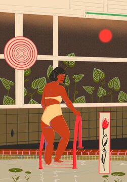 Untitled AWoman in pool with nature outside,rtwork