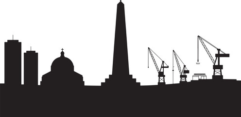 Obraz premium Urban Skyline Silhouette Obelisk Cranes Buildings Cityscape Backdrop Architectural Outline Design