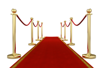 Golden stanchions with red velvet ropes lining a luxurious red carpet leading to an exclusive event isolated on transparent background