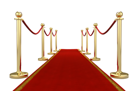 Golden stanchions with red velvet ropes lining a luxurious red carpet leading to an exclusive event isolated on transparent background