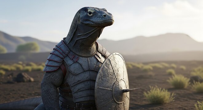 Fantasy creature warrior with shield in landscape.