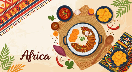 Traditional West African Jollof Rice with Fried Plantains and Spices, Flat Vector Illustration of African Cuisine on Ethnic Tablecloth