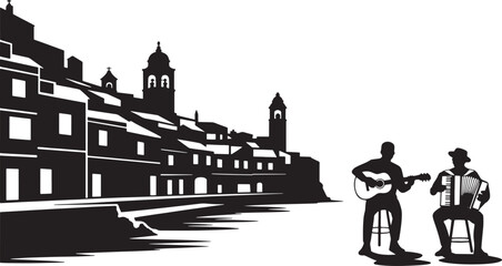 Obraz premium Italian Town Silhouette with Musicians Sitting with instruments Black Vector Scene