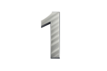 A textured metallic number one with a brushed silver finish isolated on transparent background