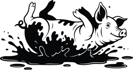 Happy pig splashing in mud puddle vector illustration, cute farm animal artwork, black and white funny pig cartoon design