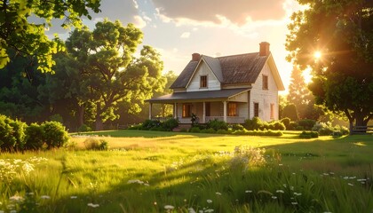 Old country cottage architecture with a blue sky landscape at sunset, or a new building estate in the forest at night