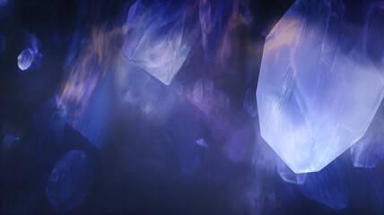 Abstract Crystal Design Featuring Iridescent Light Reflections in a Deep Blue Background, Creating a Mesmerizing Visual Experience of Gemstones and Light Play
