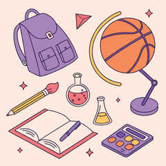 Colorful School Supplies Illustration – Backpack, Basketball, Art and Science Tools for Learning and Creativity